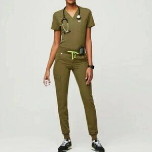 Women's Figs Scrubs 2pc Dark Martini Olive Green Carina Top & Jogger Medium MT